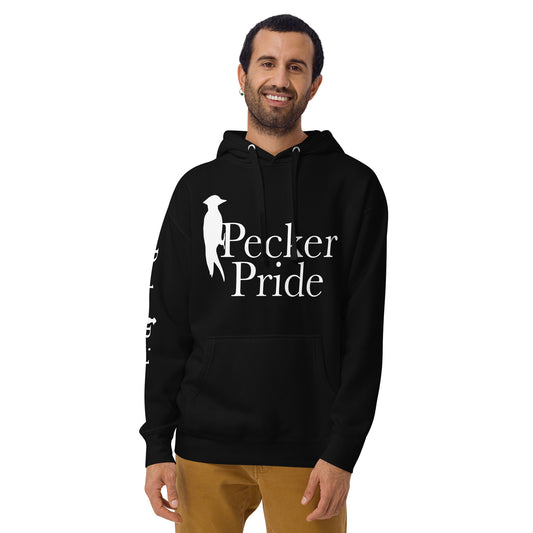 Pecker Pride Logo Unisex Hoodie | Black with White Logo